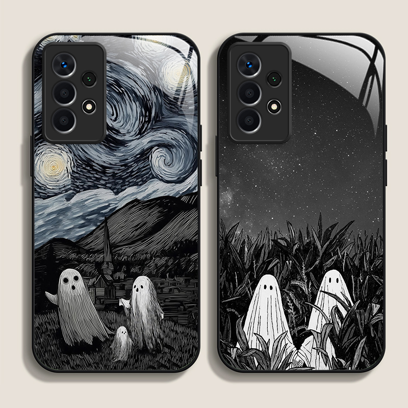 Phone Cases Samsung S25 Fe - 面白い幽霊の抽象芸術柄強化ガラス製スマホケース、Samsung Galaxy S25 Ultra、S24、S23 Plus、S22、S21、S20 FE、A56