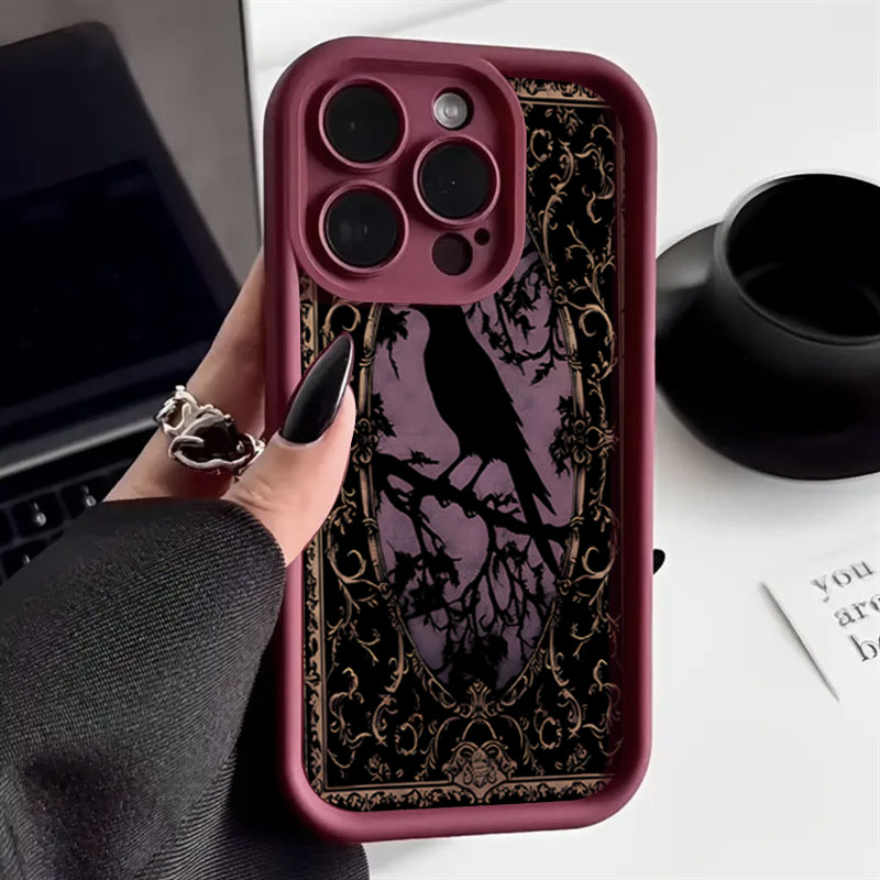Phone Cases Aesthetic - 美的な黒いカラス柄ワインレッドのiPhone 16 E15 14 13 12