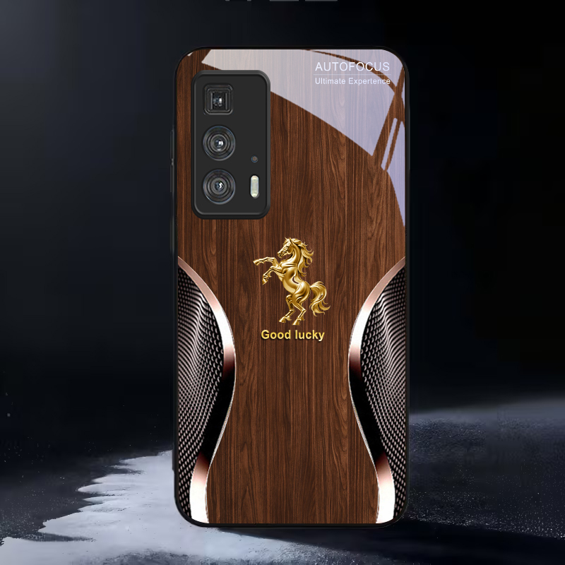 Phone Cases Motorola - ゴールデン・スティード・フォーチュン ブラックガラス製携帯電話ケース モトローラ モトエッジ 20 ライト