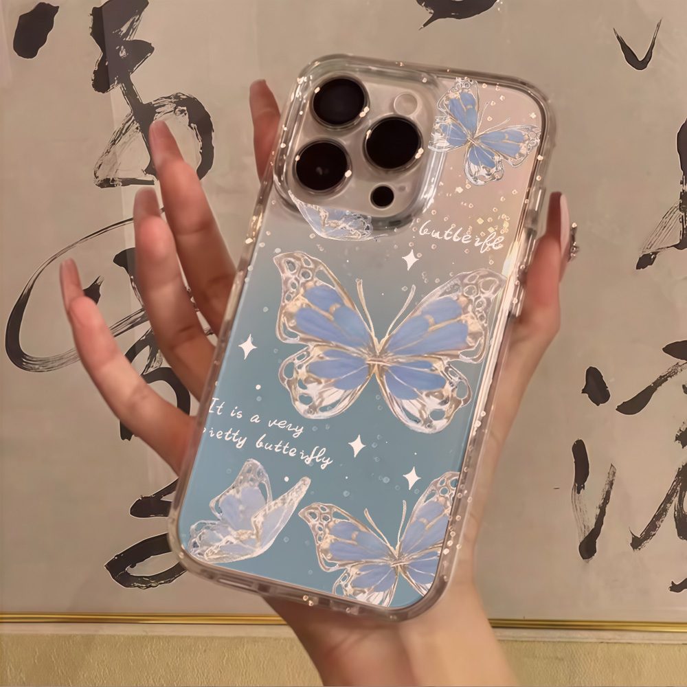 Phone Cases Unique - 高級ブルーバタフライクリアグリッターフォンケース iPhone 17 13 16 15