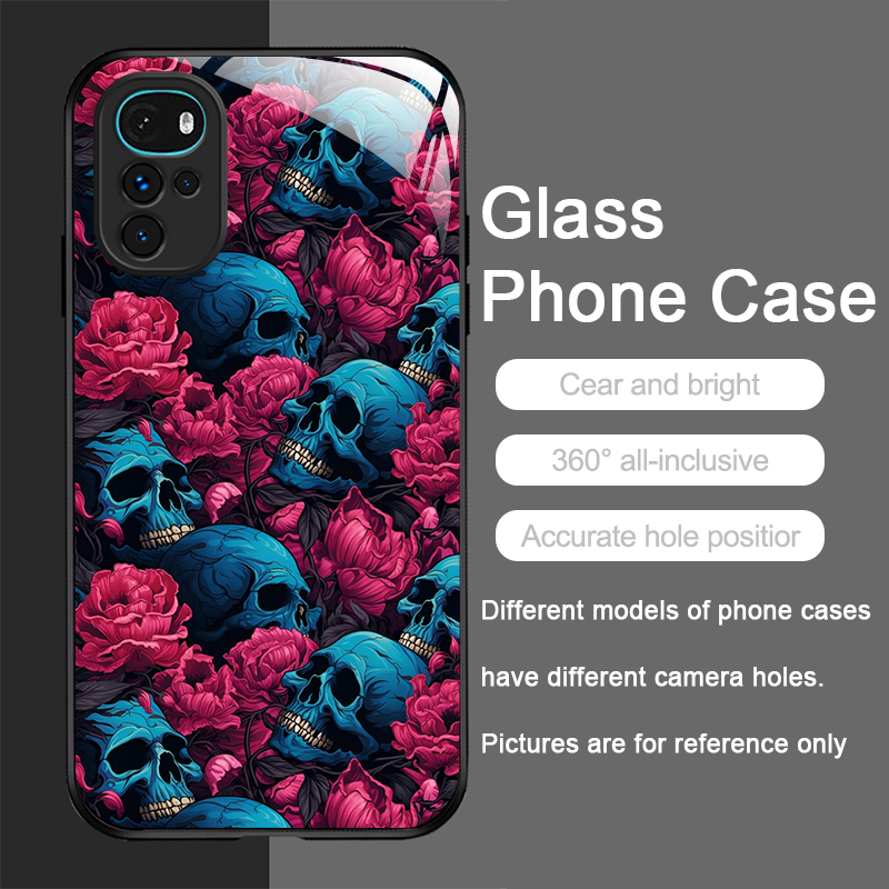 個性的なスカルフラワートレンドパターン強化ガラス製携帯電話ケ - Phone Cases Motorola のレビューと価格