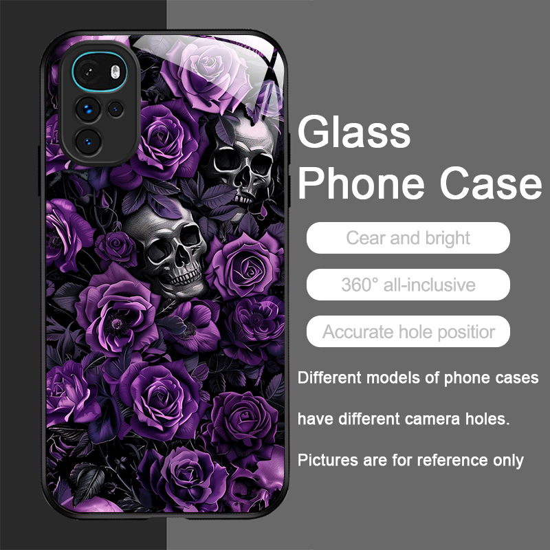 個性的なスカルフラワートレンドパターン強化ガラス製携帯電話ケ - Phone Cases Motorola のレビューと価格