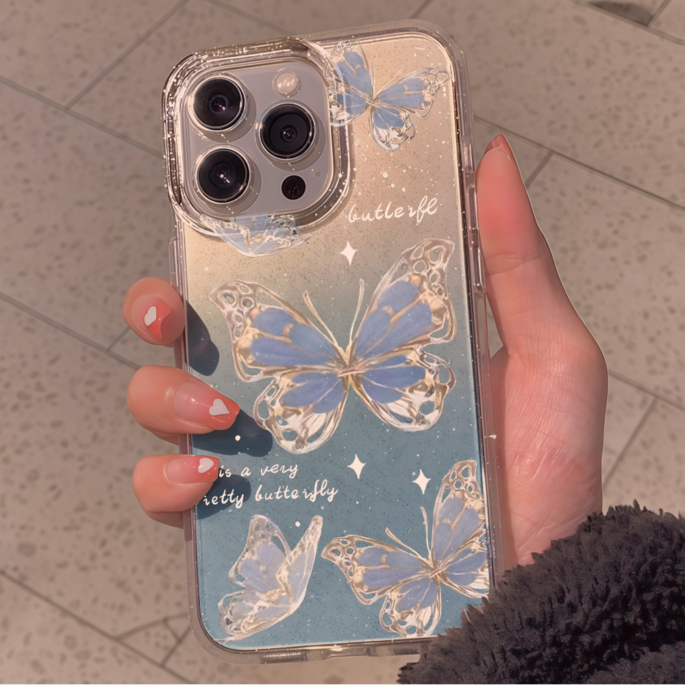 高級ブルーバタフライクリアグリッターフォンケース iPhon - Phone Cases Unique のレビューと価格